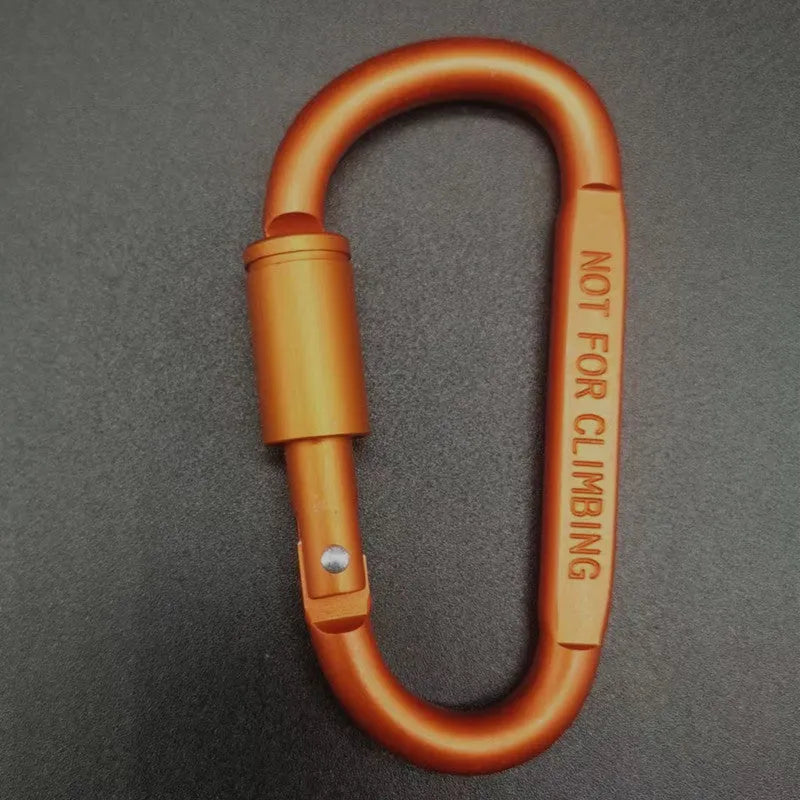Silver D-shaped aluminium locking carabiner on a grey background.