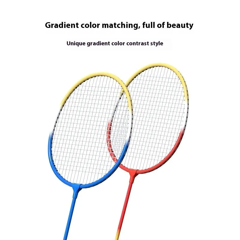 Pair of blue and red alloy badminton rackets with split body design on a court.