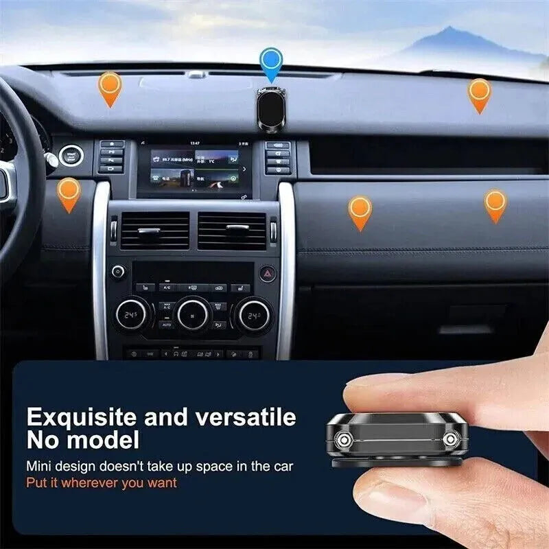 Chrome magnetic car phone holder with foldable bracket and 360-degree swivel on a car dashboard