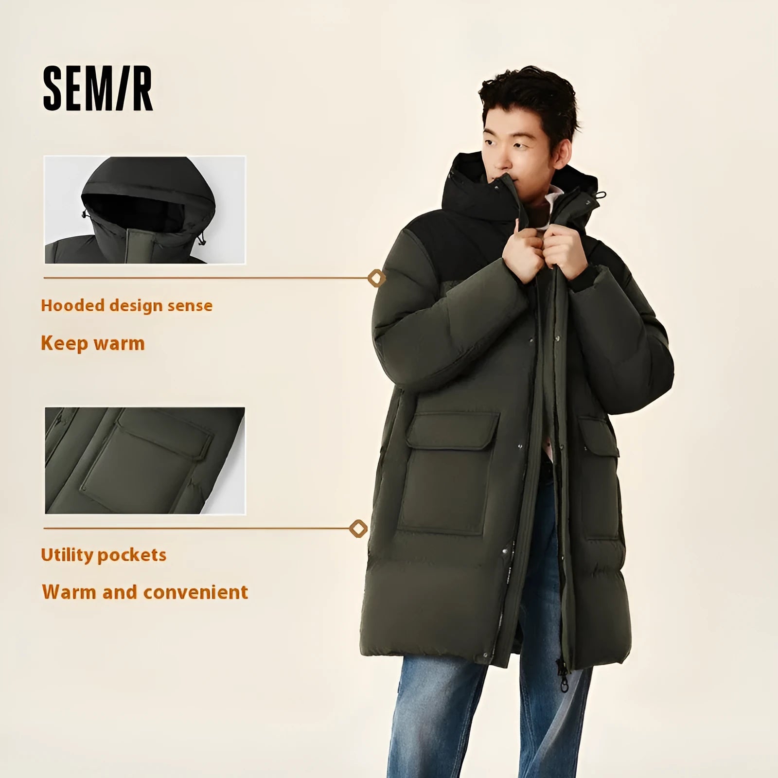 Long black waterproof winter coat with duck down filling, front view, available in multiple sizes