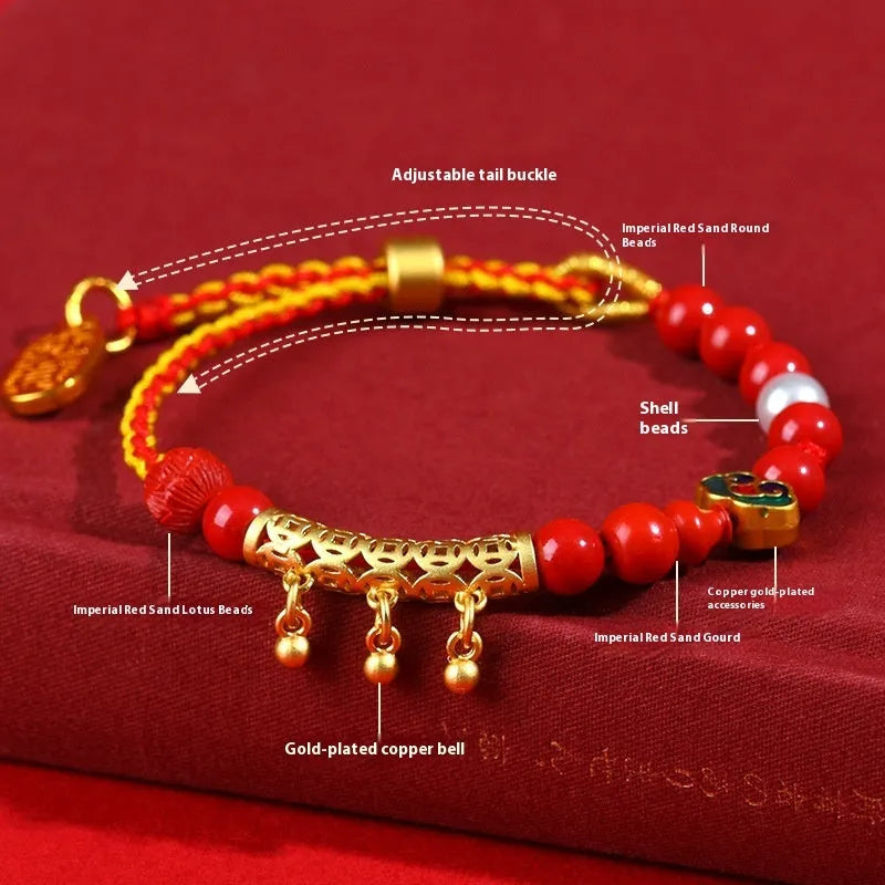 Women's red cinnabar hand-woven rope bell bracelet with geometry shapes and national style design