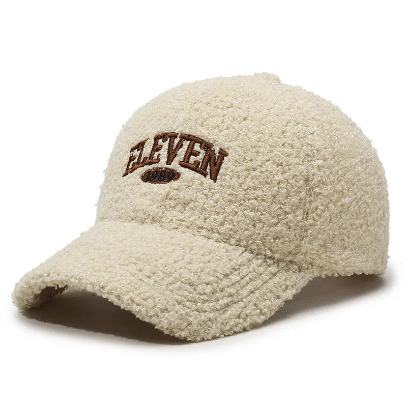 Winter lambskin baseball cap with dome crown and machine embroidery in assorted colours