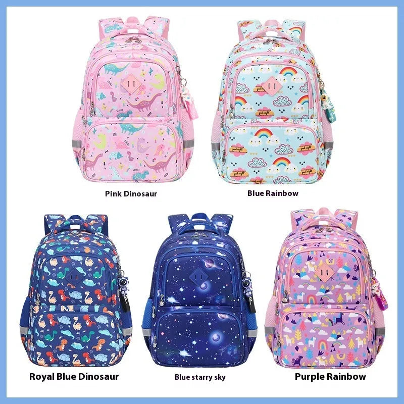 Blue children's waterproof school backpack with dinosaur pattern and curved shoulder straps.