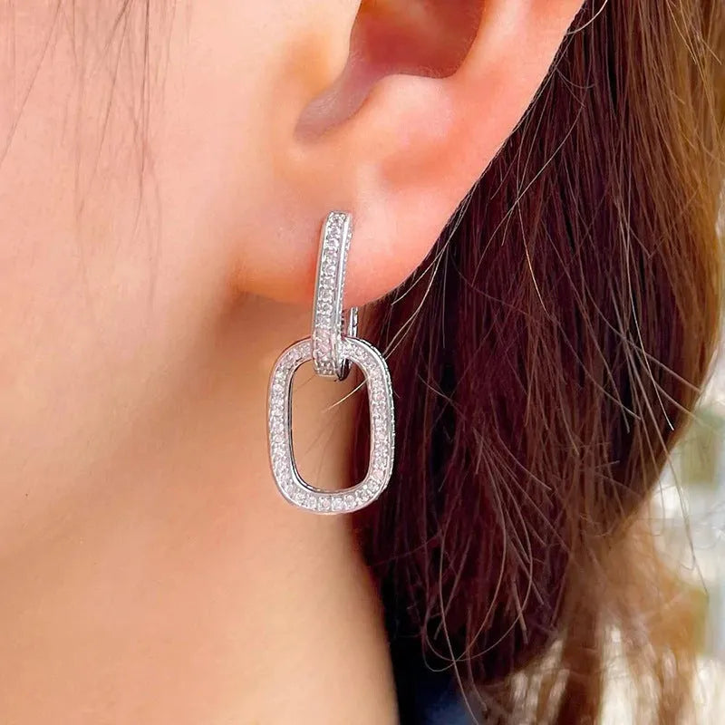 Geometric copper earrings with inlaid zircon, U-shape design, white gold tone finish, for women fashion OL style