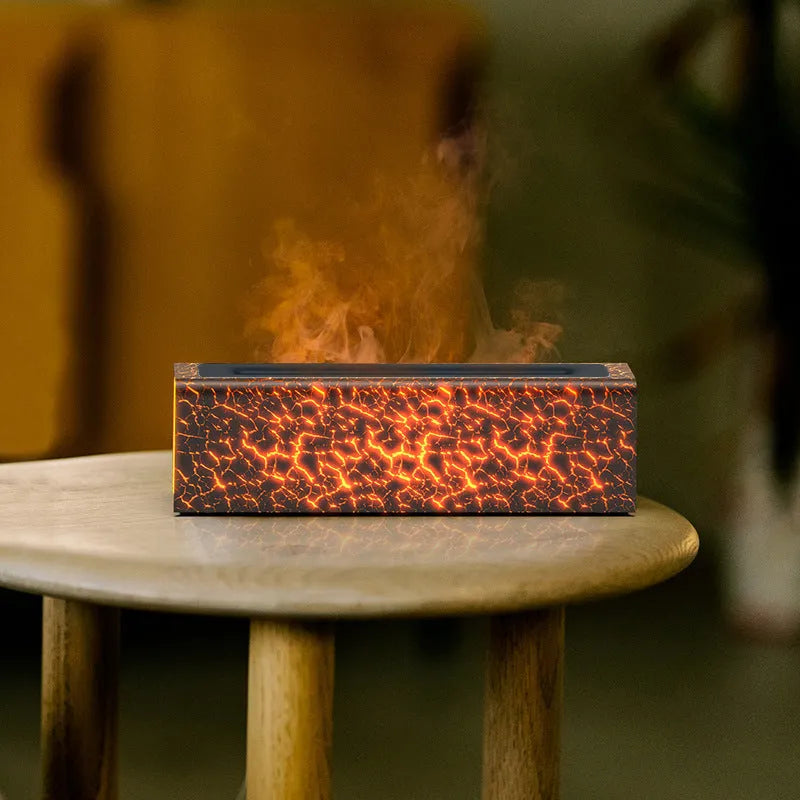 Square desktop aroma diffuser and humidifier with creative lava colourful flame lighting effect.