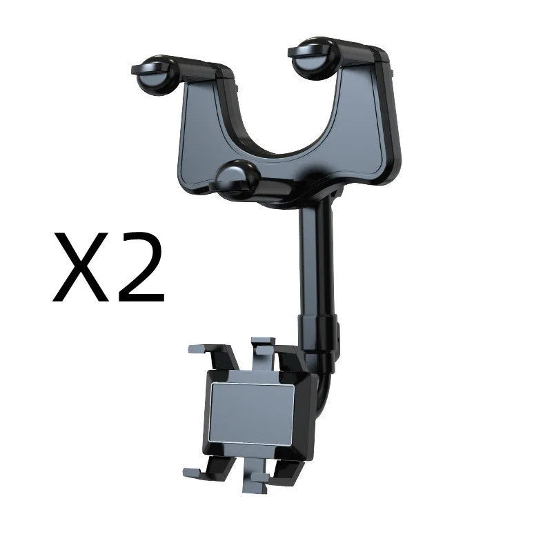 Black rearview mirror phone holder with 360° rotation and telescopic arm extended