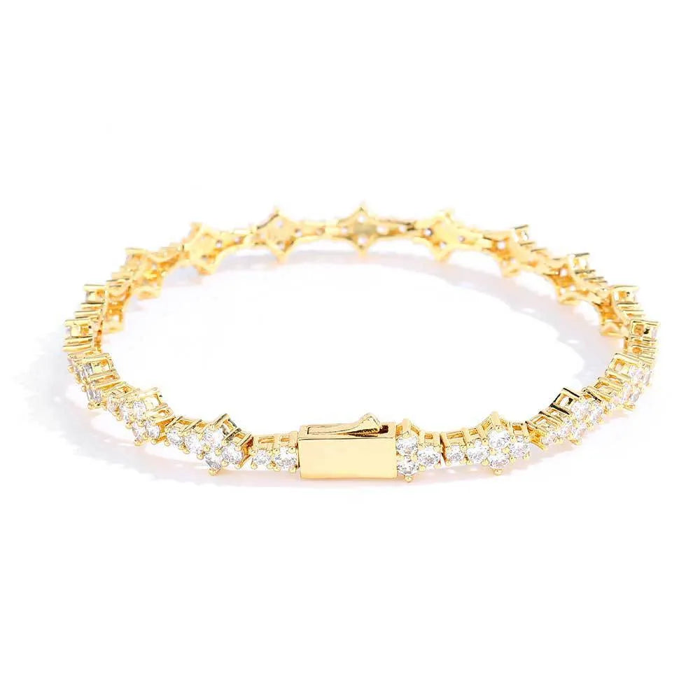 Spring fastener bracelet in copper with inlaid zircon, gold or platinum colour, 6.5mm width, hip hop unisex chain design