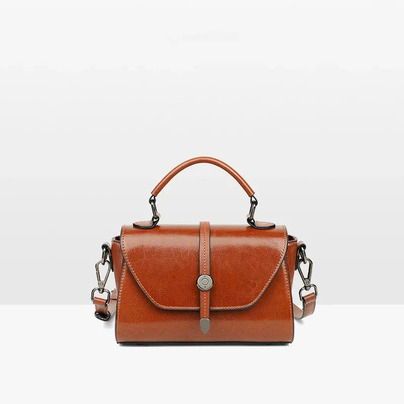 Dark brown women's genuine leather messenger bag with stitching, horizontal square shape 20x9x12 cm, front view