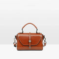 Dark brown women's genuine leather messenger bag with stitching, horizontal square shape 20x9x12 cm, front view