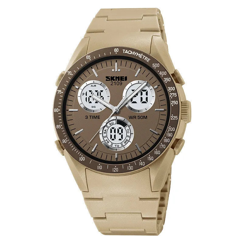 Unisex digital watch with camouflage strap, resin lens, and stainless steel button on a wrist.