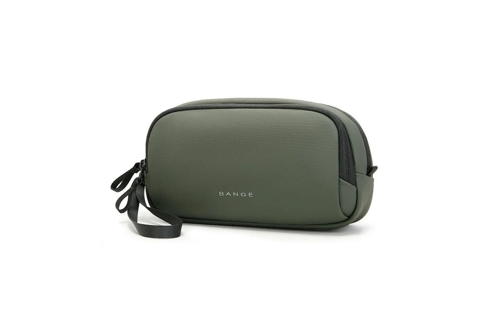 Large capacity digital accessories storage bag in black with sewing line detailing on a plain background