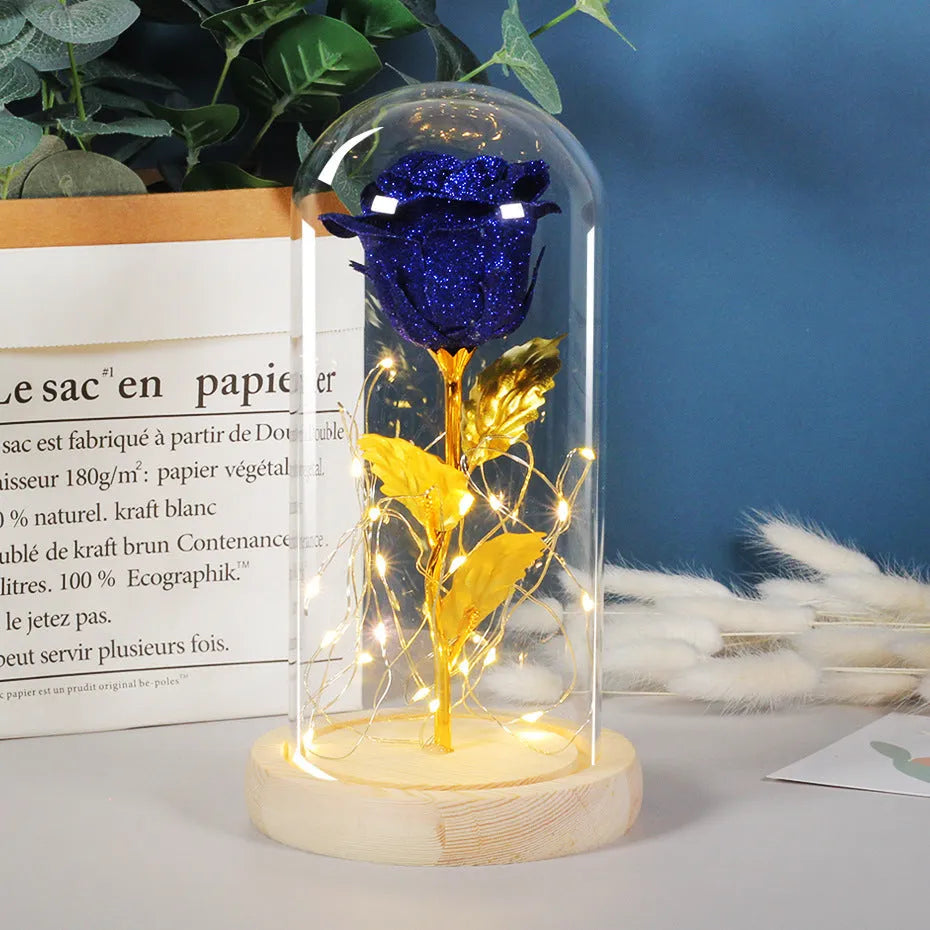 Handmade eternal red rose flower with warm white LED lights inside a clear glass dome display