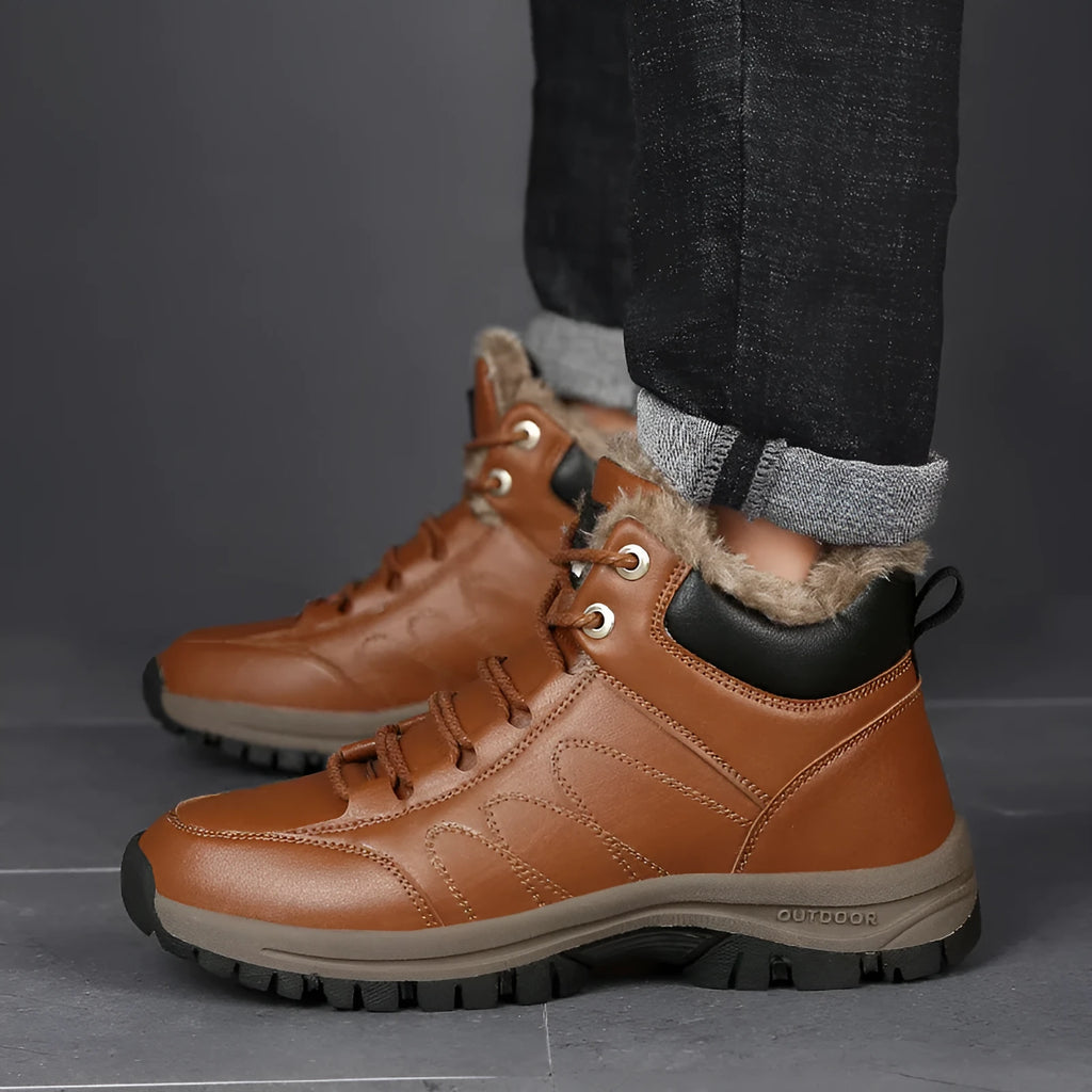 Men's winter boots warm leather shoes black artificial PU upper rubber sole thick plush lining