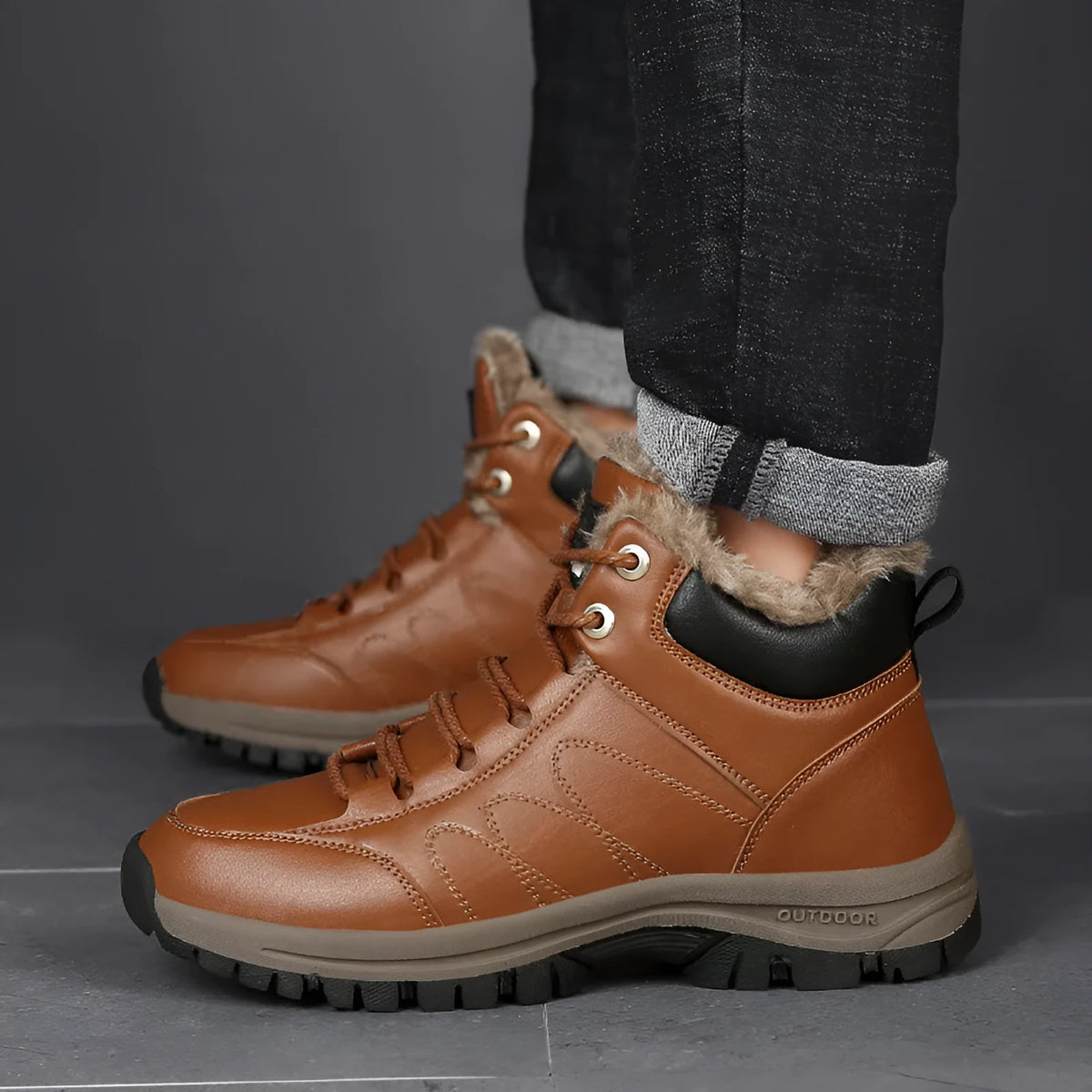 Men's winter boots warm leather shoes black artificial PU upper rubber sole thick plush lining