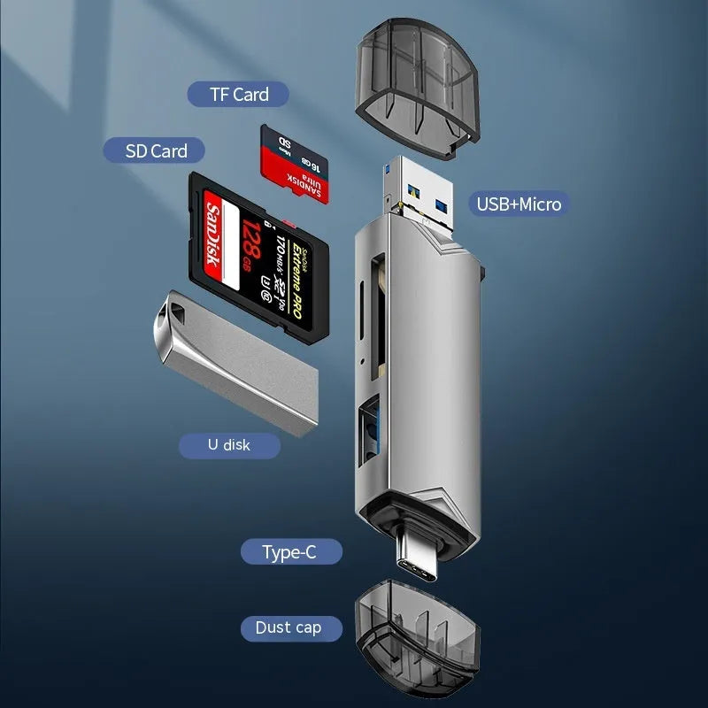 Grey aluminium alloy USB 3.0 multi-functional card reader with SD and TF slots