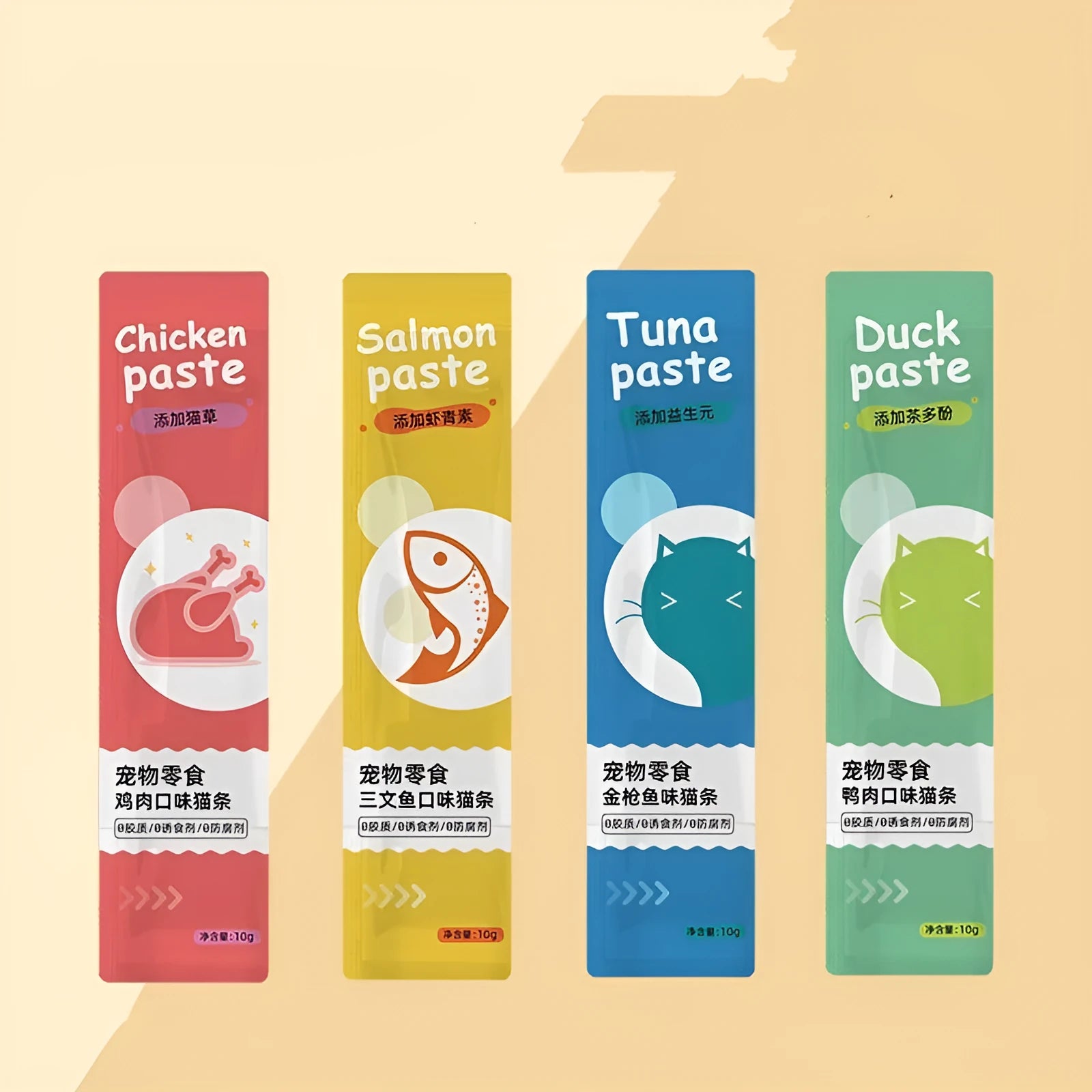 Pack of 10 cat strip snacks for kittens in four functional flavours