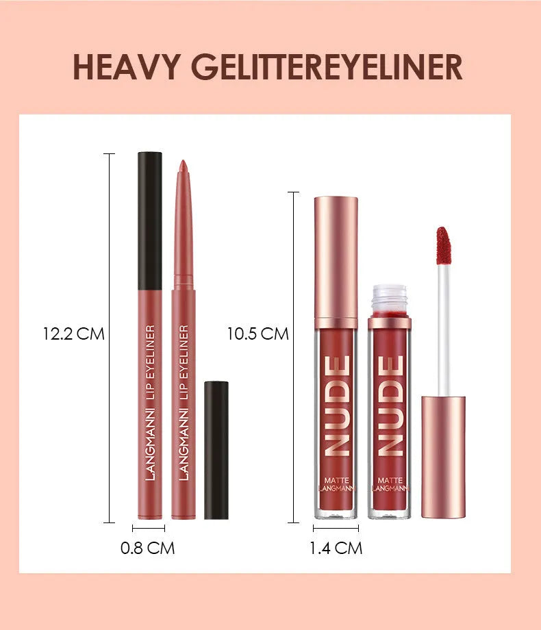 12-piece matte lip liner and lipstick set in coordinated colours, includes 6 lipsticks and 6 liner pens