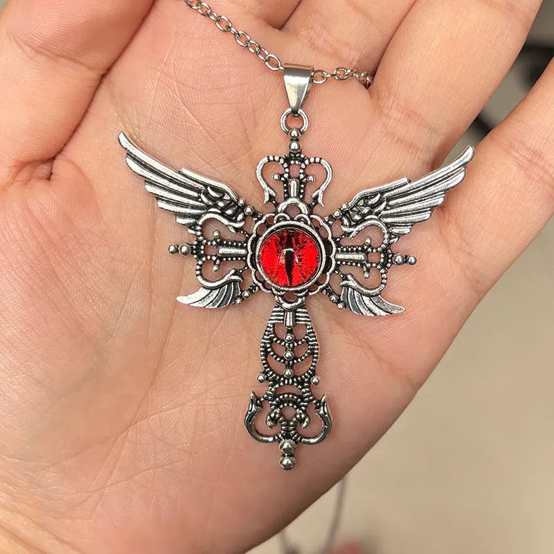 Creative devil wings and geometric cross pendant necklace in alloy on an adjustable chain.