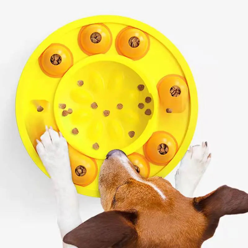 Blue dog puzzle toy with central feeding column and food turntable on non-slip base