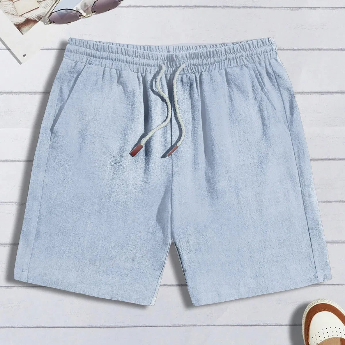 Men's thin linen loose casual shorts in khaki, front view