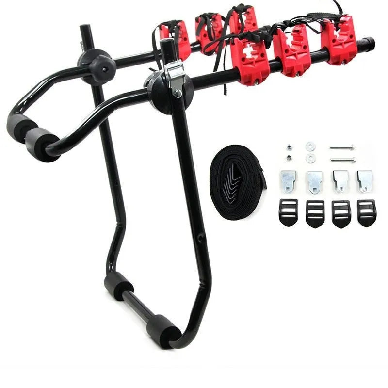 Black and red trunk-mounted car bicycle rack with adjustable straps and foam padding.