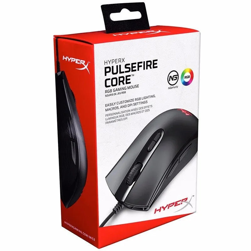 Pulsefirecore RGB wired gaming mouse in black or pink with photoelectric sensor and USB cable