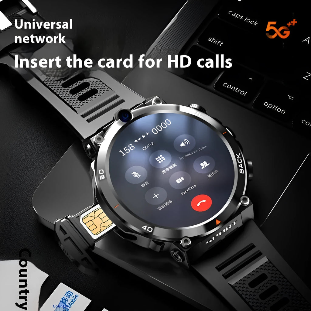 Sports smartwatch with dual cameras on wrist, showing touch screen displaying fitness stats.