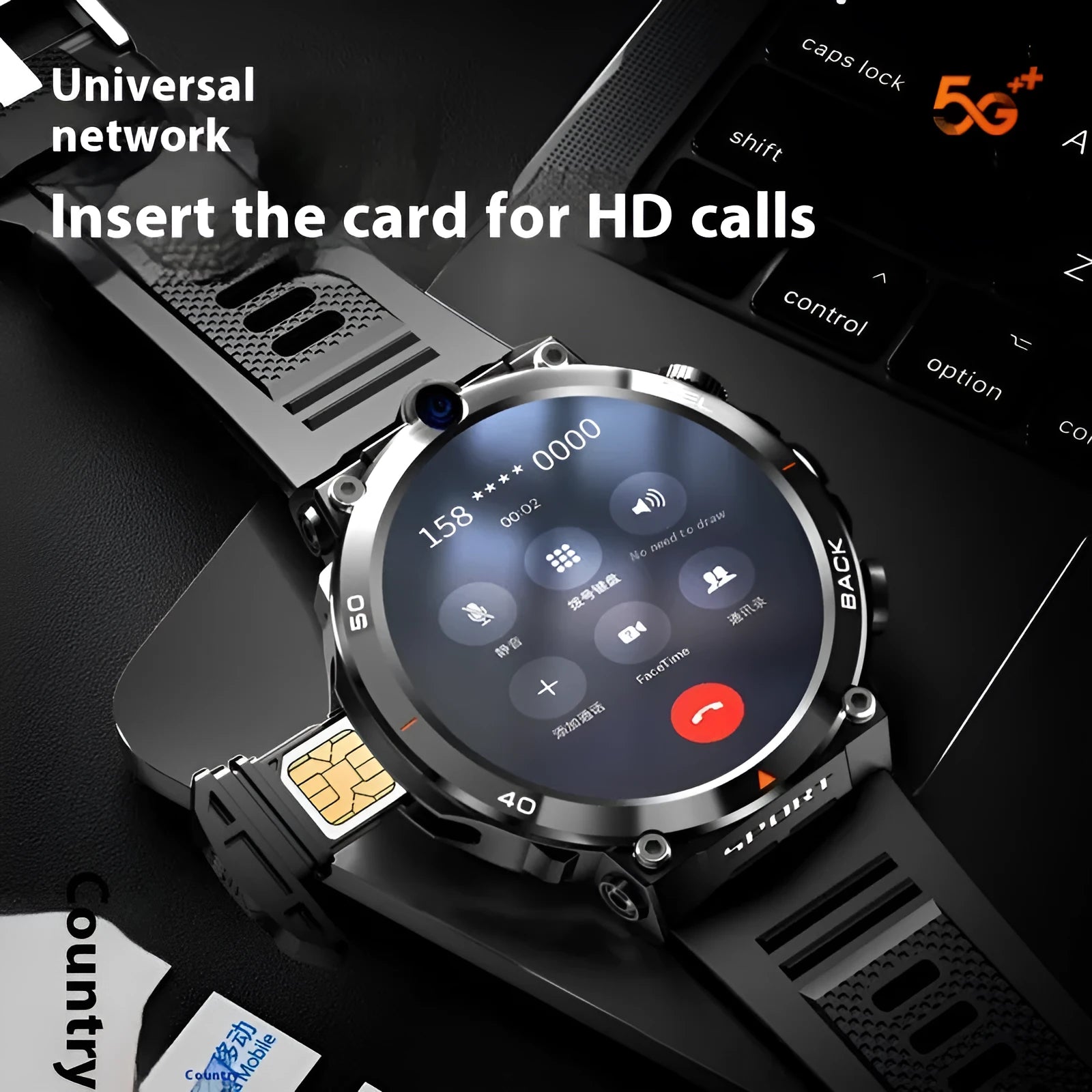 Sports smartwatch with dual cameras on wrist, showing touch screen displaying fitness stats.