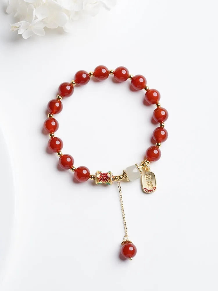 Women's red agate and Hetian jade beads bracelet with gold-plated setting in three style variations