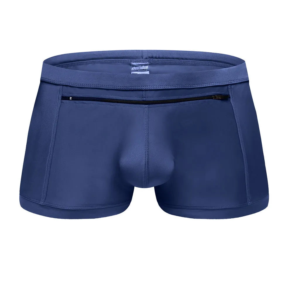 Men's polyester boxer shorts with front and back zipper pockets in multiple colours, sizes S to XL.
