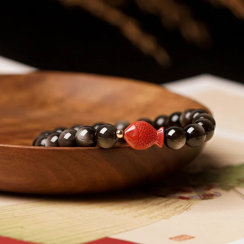 Natural obsidian crystal bracelet with round beads and cinnabar accents in three size options