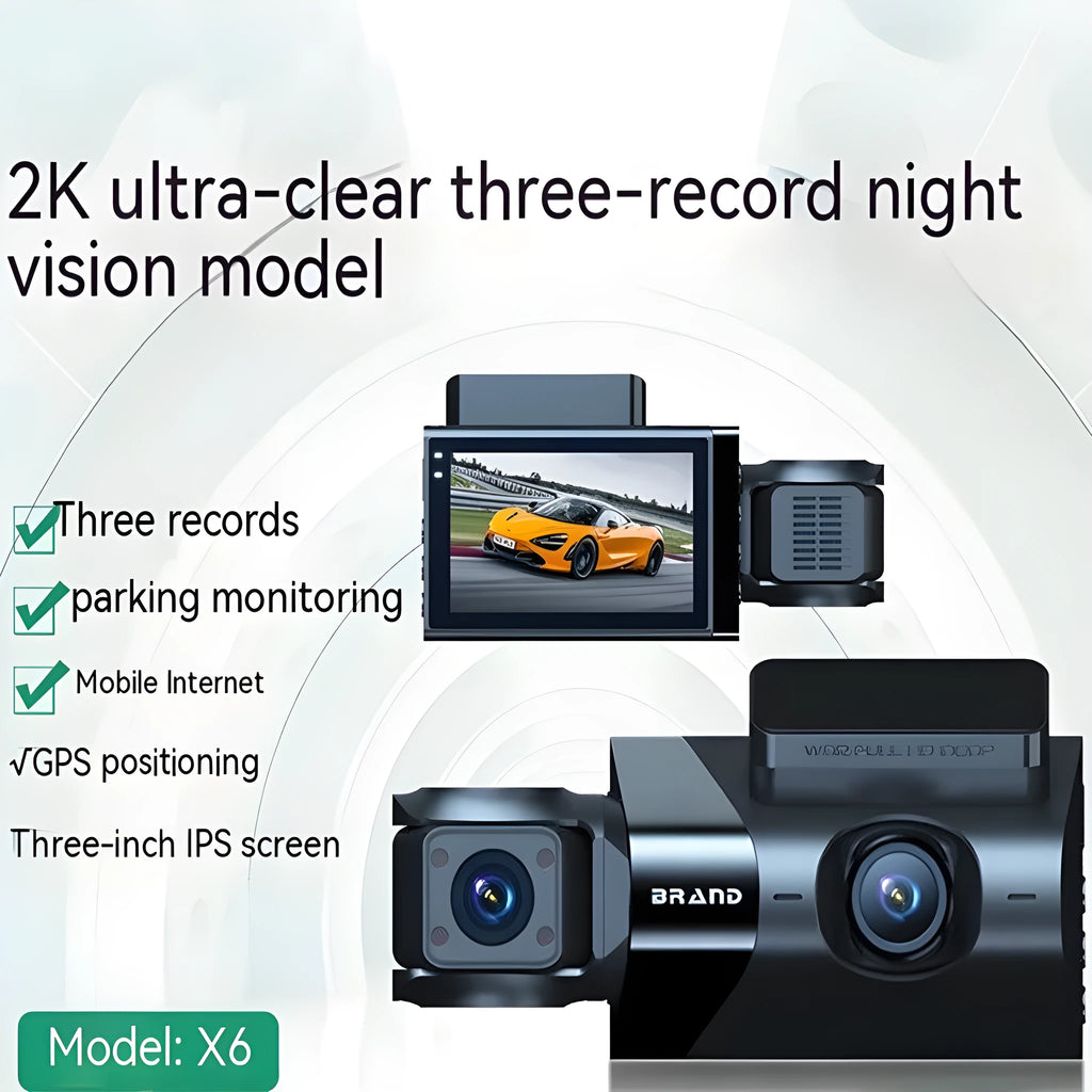 Black car dash camera with 5-inch touchscreen mounted on vehicle windscreen bracket
