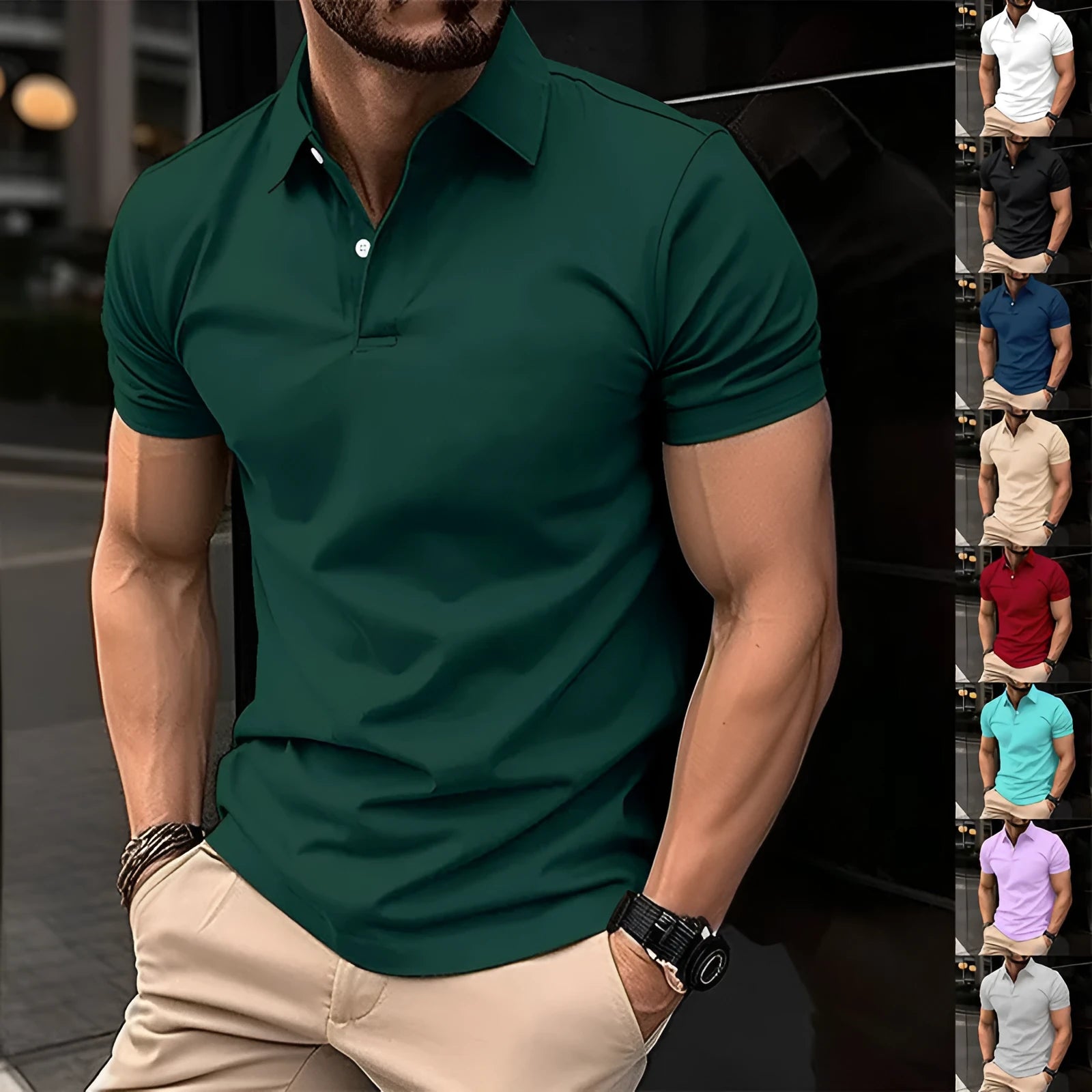 Men's solid colour short sleeve polo shirt with a button lapel collar on a hanger.