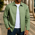 Men's emerald green zip-up cardigan jacket with raglan sleeves on a hanger.