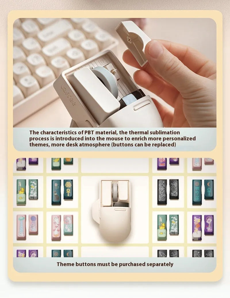 Tofu-coloured three-mode wireless mouse with ergonomic design on a desk.