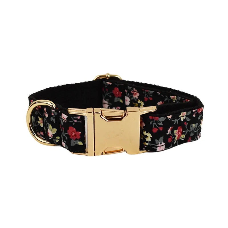 Cloth dog collar set with removable bow, matching leash and vest in four-piece configuration