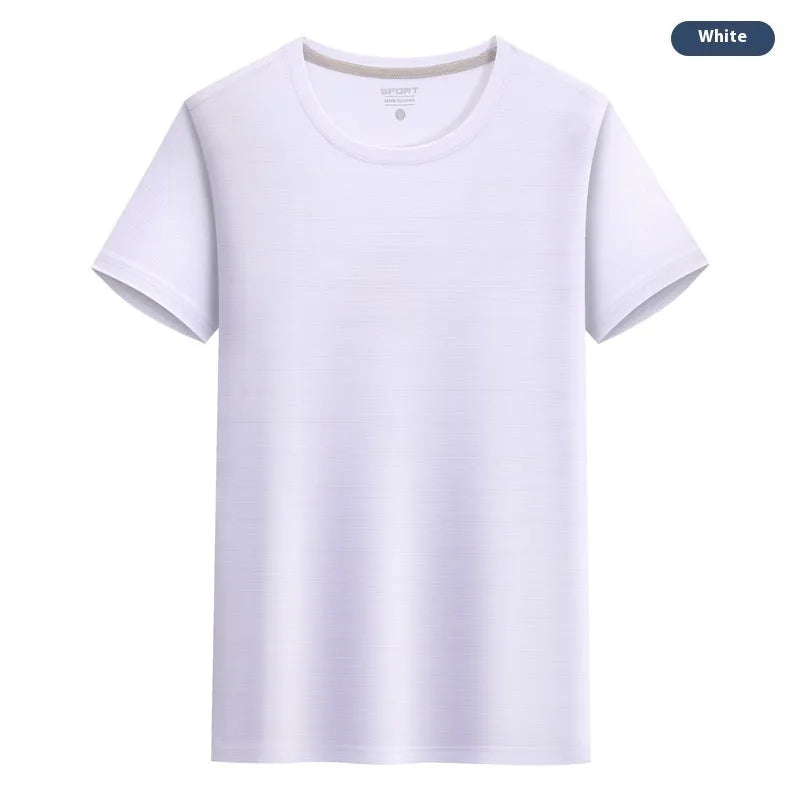 Crystal silk round neck quick-drying T-shirt in a solid colour on a hanger.