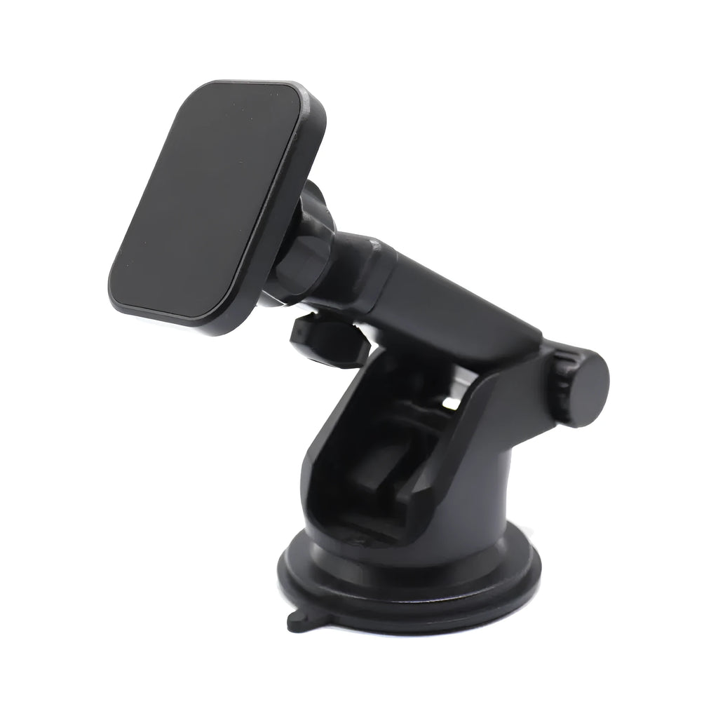 Black rotatable magnetic car phone holder mounted on dashboard with smartphone attached