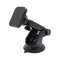 Black rotatable magnetic car phone holder mounted on dashboard with smartphone attached