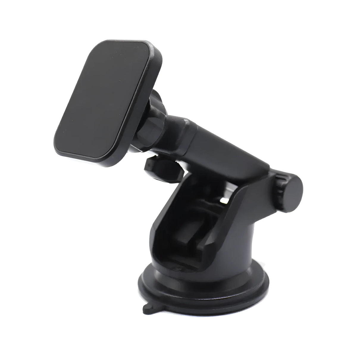 Black rotatable magnetic car phone holder mounted on dashboard with smartphone attached