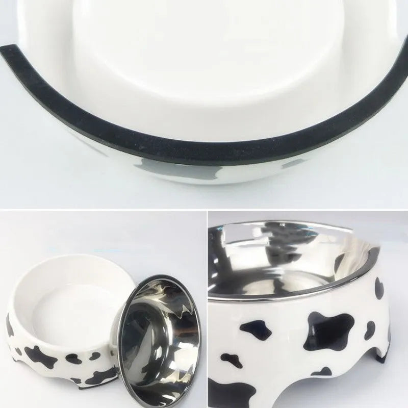 Stainless steel dog and cat bowl in four sizes with 17 colour patterns including cow print and blue cat
