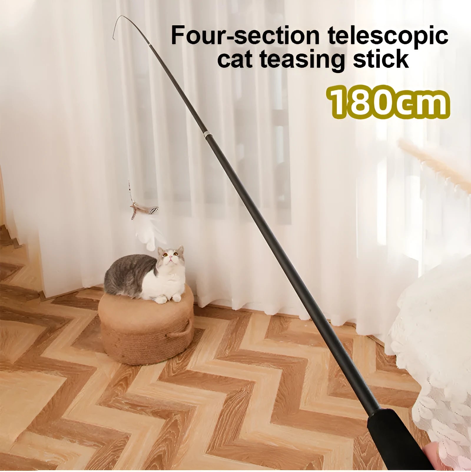 Extendable cat-teasing stick with 180cm rod, feather replacement head, bells, and fishing line on a plain background