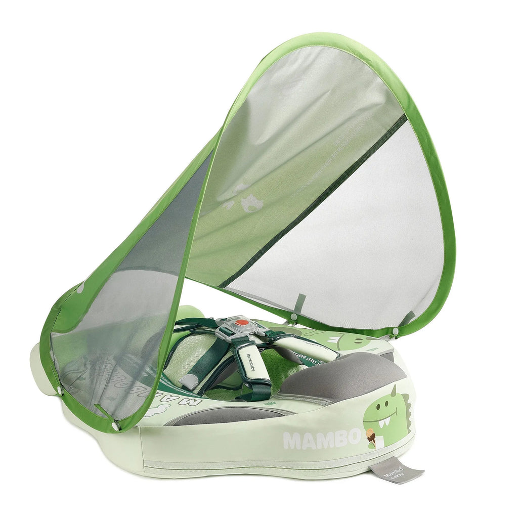 Avocado green dinosaur baby swimming ring with sun shade inflatable float