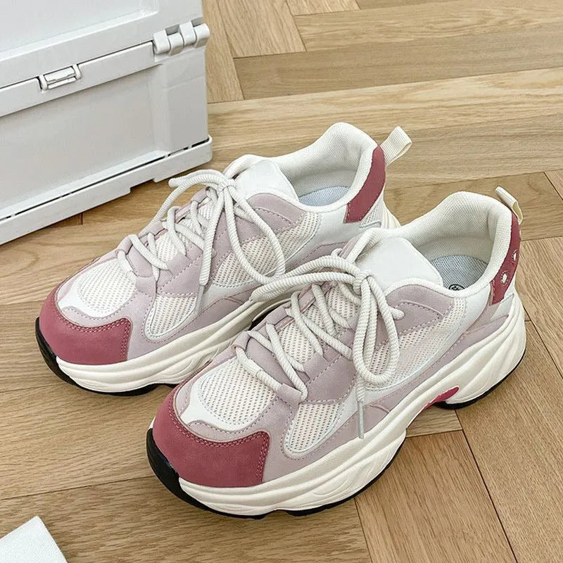 Women's thick-sole height-increasing fashion sneakers in pink with PU upper and lace-up design