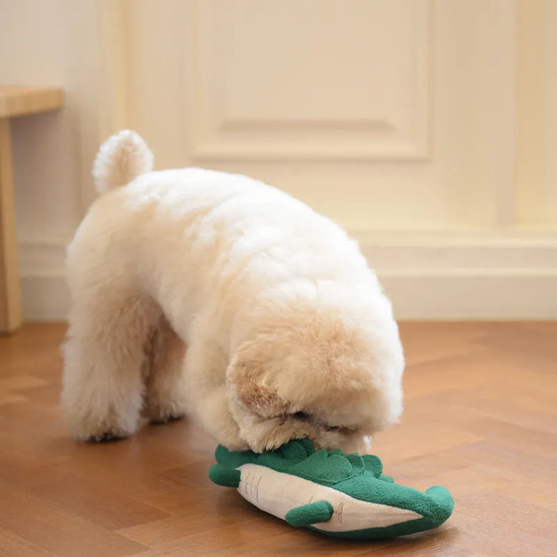 Green plush toy dog measuring 35 cm, a lightweight interactive pet toy for children.