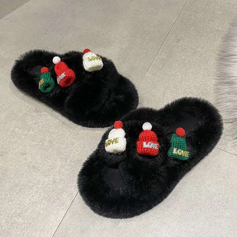 Women's Christmas hat decoration slippers in faux plush, shown in black, khaki, and white colour options.