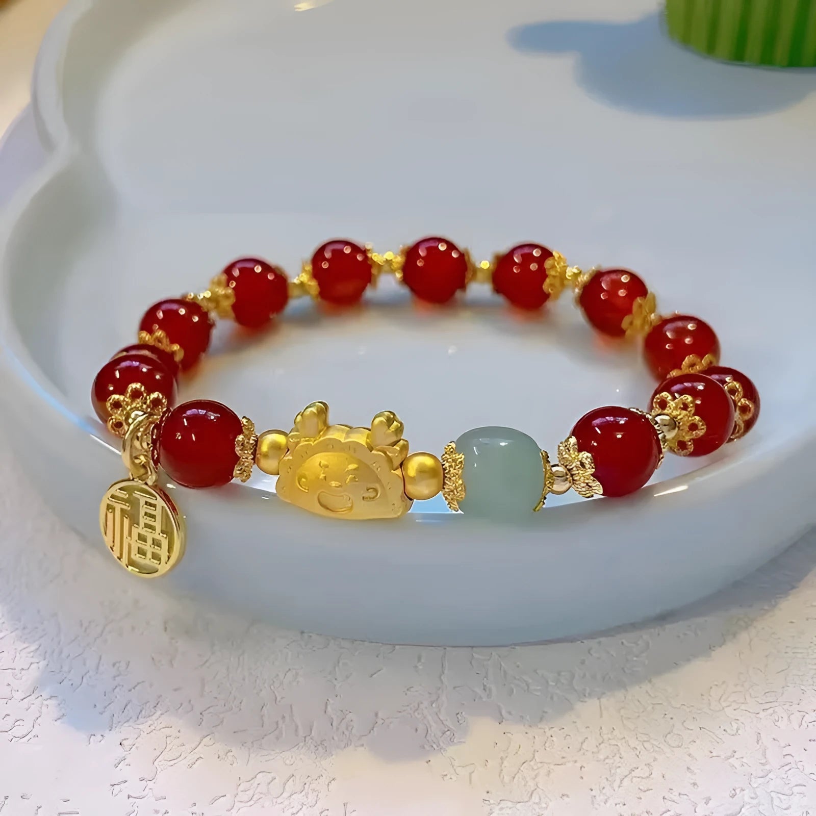 Floral glazed bracelet with zodiac animal charm and electroplated glass beads in multiple colour options