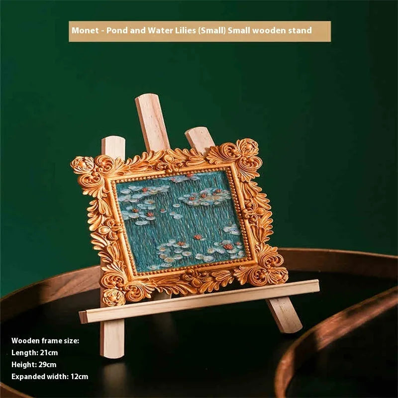 DIY paint-by-numbers kit showing canvas, acrylic paint pots, and brushes for recreating Van Gogh's Starry Night.