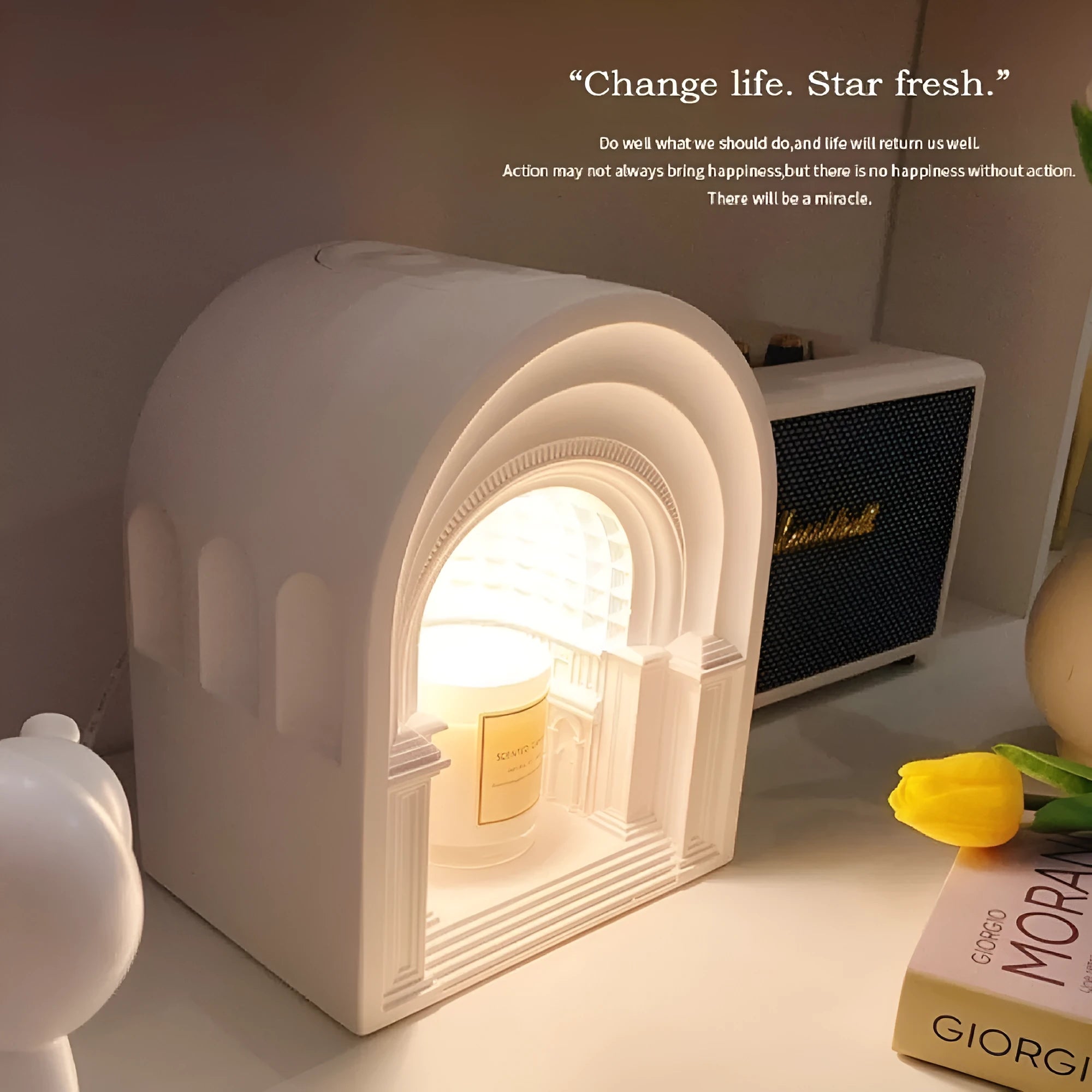 White retro gypsum bedside night light with custom graphic front and aromatherapy function.