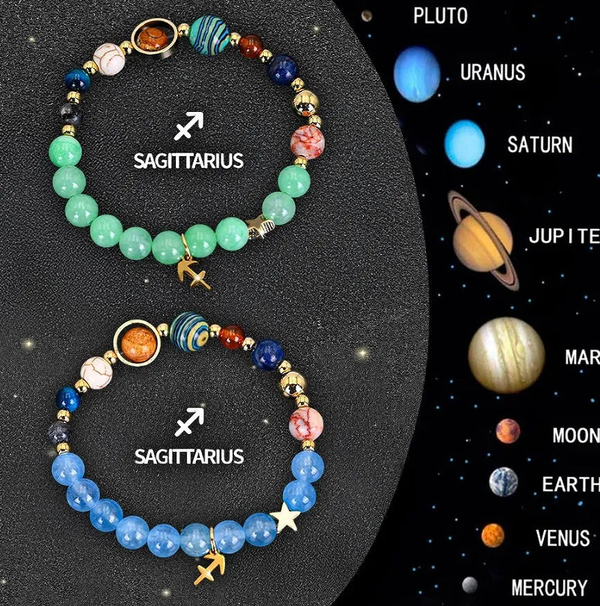 Set of twelve natural stone beaded bracelets for each zodiac sign on a flat surface.